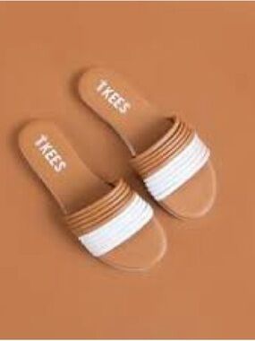 TKEES Tan and White Striped Slide Mules